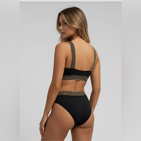 Gold Trim High Waisted 2pc Bikini Swimsuit Bathing Suit - Picture 3 of 6